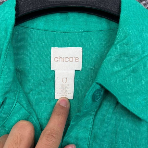 Chicos Women 0 Green Sleeveless 100% Linen Button Up Shirt Dress Pocket Mini - Picture 3 of 8
